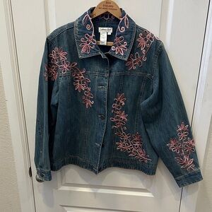 Coldwater Creek Denim Jacket with Pink Floral Soutache